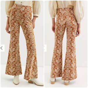 Anthropologie Knit Flare Bell Bottom Pants Women XL Floral Brown High Rise Retro